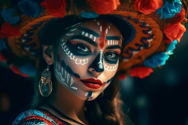 Portrait of young woman as la Catrina with bright art painted makeup and floral decorations on head Traditional celebration of mexican holiday prepared for festival La Muerte generated AI