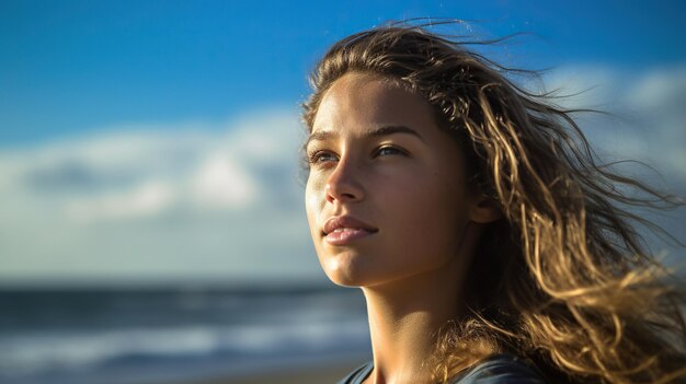 Portrait of a young woman on beach against blue sky background