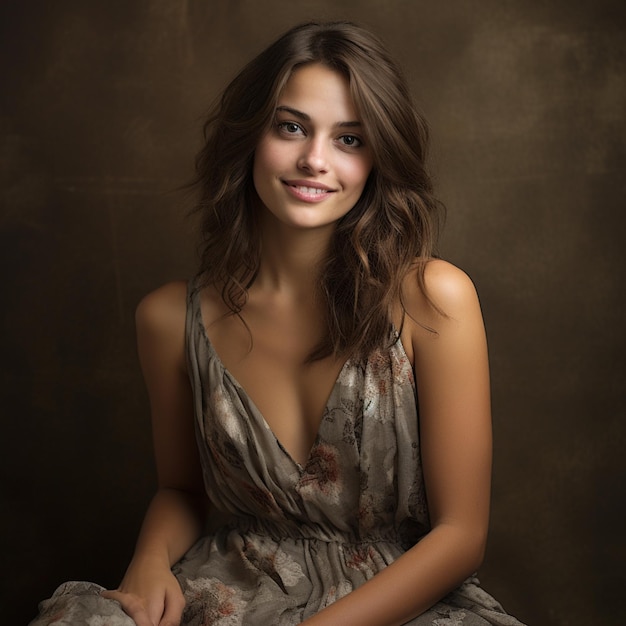 Portrait of a young woman brown hair smiling happy model beautiful woman