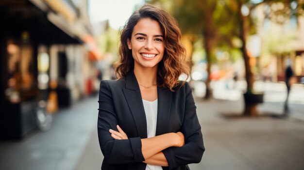 portrait of a young woman in a business suit standing on the street in the city business concept Generative AI illustrator