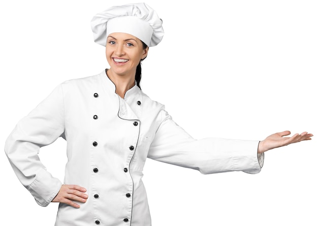 Portrait of young woman chef on white background