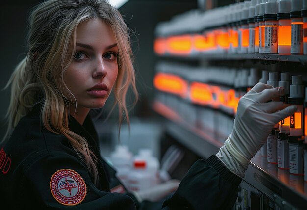 Portrait of a young woman in a dark setting with neon lights reaching out to a shelf with illuminated objects looking at the camera