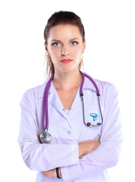 Portrait of young woman doctor with white coat standing in hospital