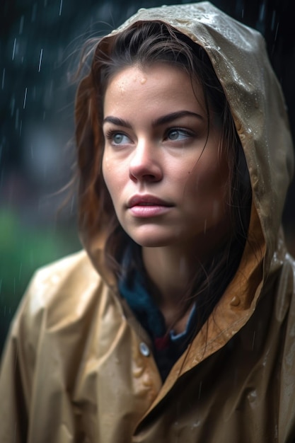 Portrait of a young woman enjoying the outdoors in heavy rain