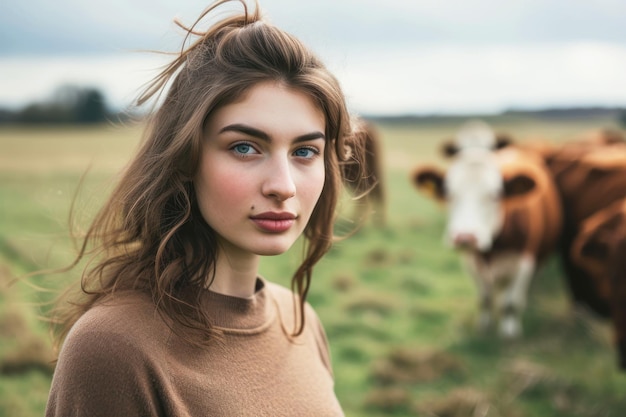 Portrait of a young woman on a farm with cows in the background Woman farmer concept