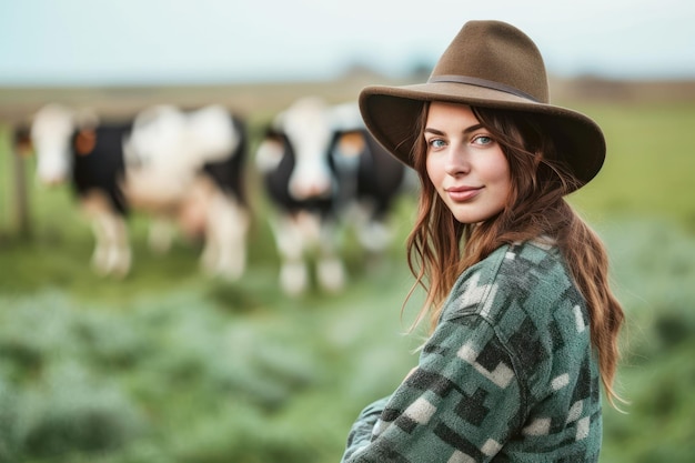 Portrait of a young woman on a farm with cows in the background Woman farmer concept