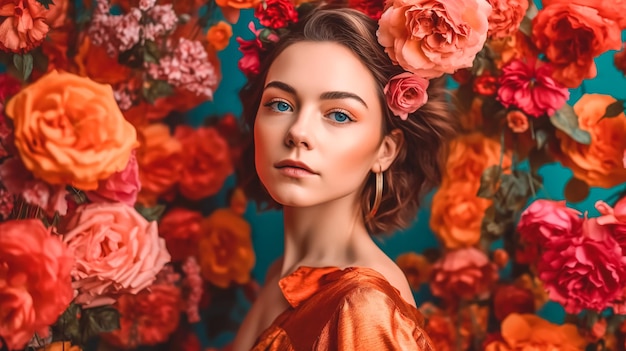 Portrait of a young woman in flowers generative AI