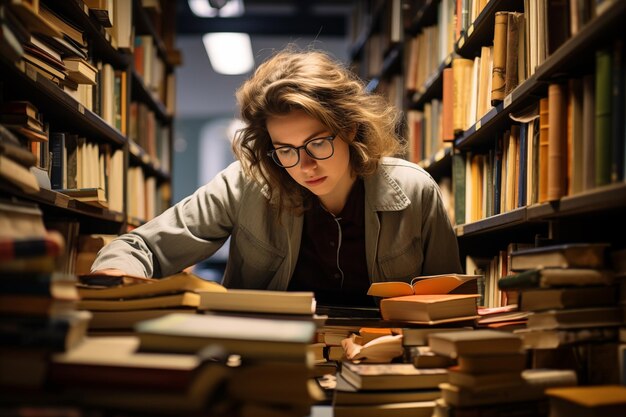 Portrait of a young woman in glasses reading a book in a library