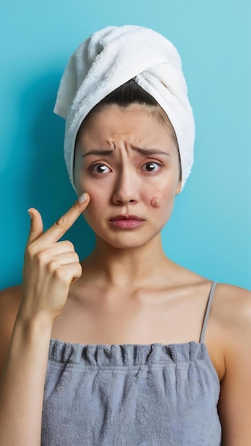 Portrait of young woman having problem skin and pimple on her cheek wearing towel on her head havi