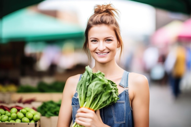 Portrait of a young woman holding fresh produce at a farmers market created with generative ai