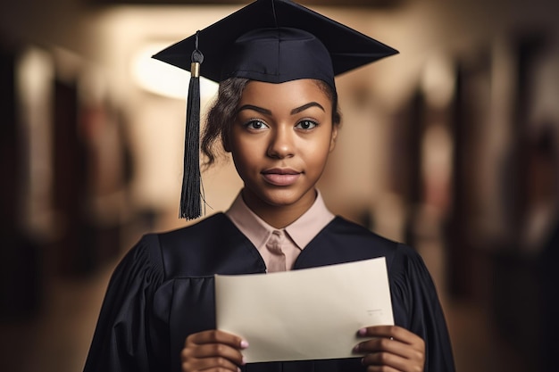 Portrait of a young woman holding up her diploma after graduation created with generative ai