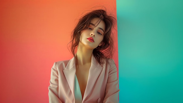 Portrait of a young woman leaning against a colorful background copy space