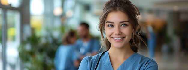 Photo portrait of young woman nurse at hospital corridor