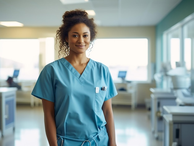 Portrait of young woman nurse at hospital corridorFemale medical assistant standing in hospital