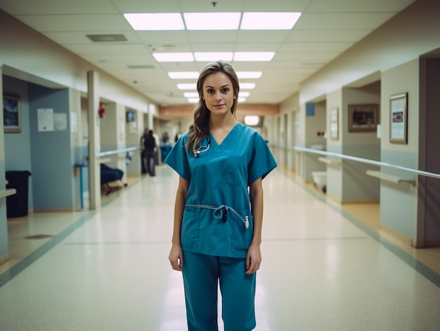 Portrait of young woman nurse at hospital corridorFemale medical assistant standing in hospital