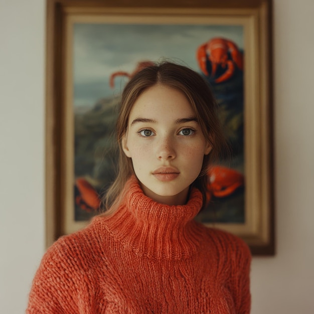 Photo portrait of a young woman in an orange sweater opposite a painting of lobsters