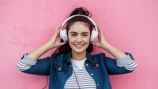 Portrait of young woman on pink wall with headphones