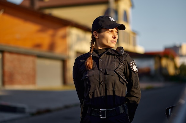 Photo portrait of young woman police officer with walkie-talkie in uniform outdoors looking side