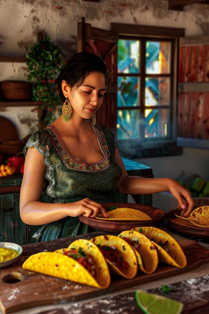 Portrait of a young woman preparing traditional mexican tacos in a rustic kitchen