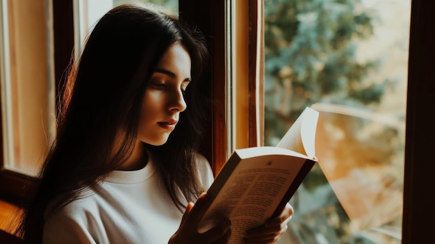 Portrait of young woman reading a book by the window at home natural light illuminating her face