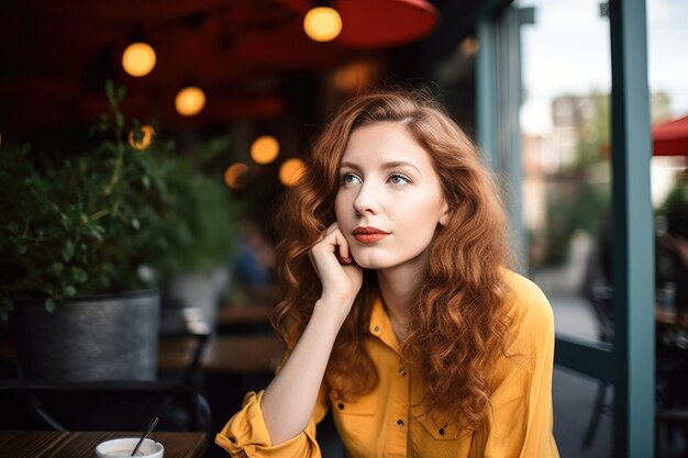 Portrait of a young woman relaxing at an outdoor cafe created with generative ai