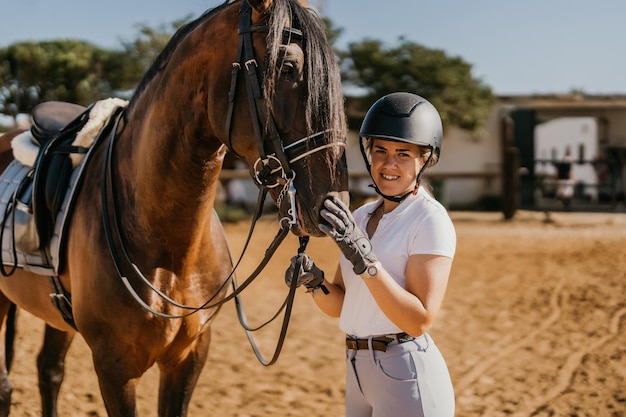 Portrait of young woman in riding attire posing with horse before dressage with helmet