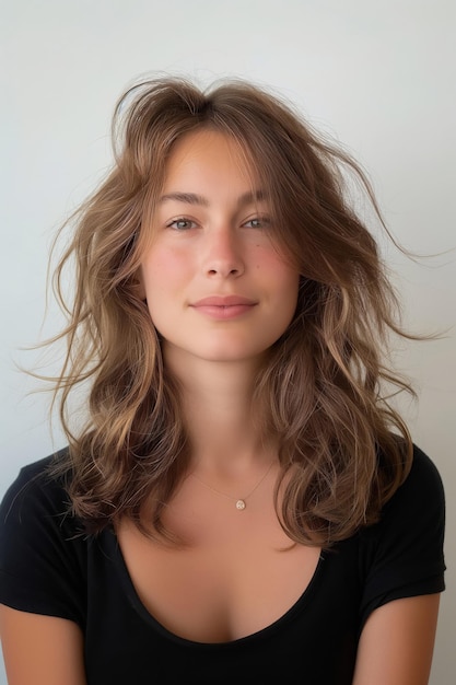 Portrait of a young woman showcasing her trendy layered lob haircut against a neutral background