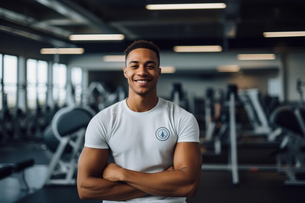 Photo portrait of a young woman showing the peace sign while at the gym