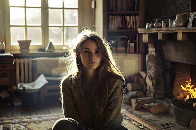 Portrait of a young woman sitting on the floor in front of a fireplace