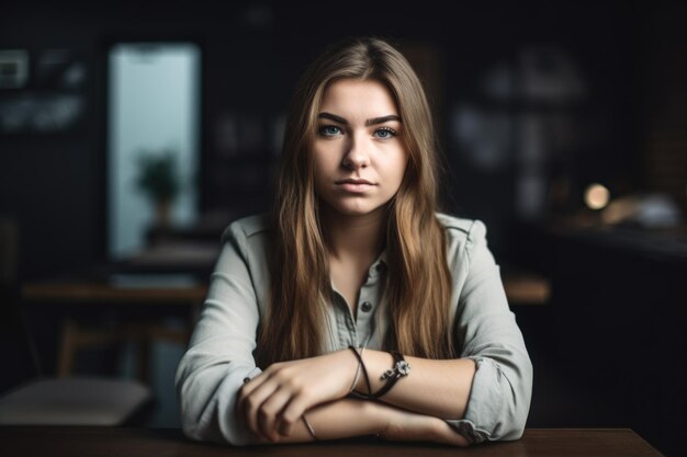 Portrait of a young woman sitting with her hands folded at work created with generative ai