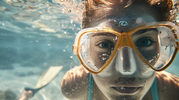 Photo portrait of young woman snorkeling underwater