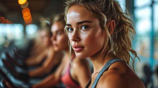 portrait young woman in sportswear sitting in gym and looking at camera