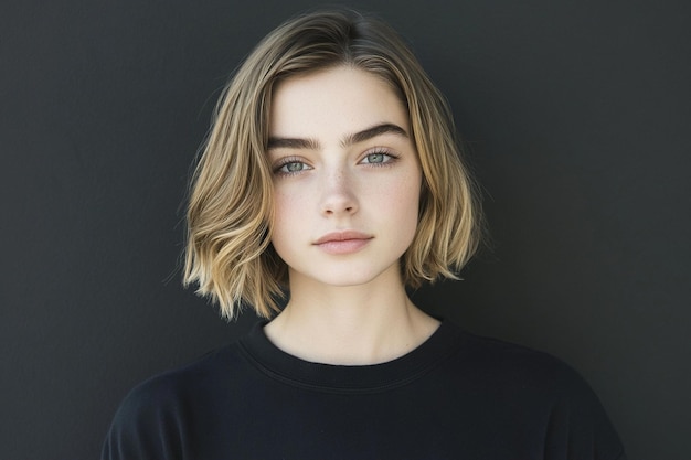 Photo portrait of young woman standing against black background