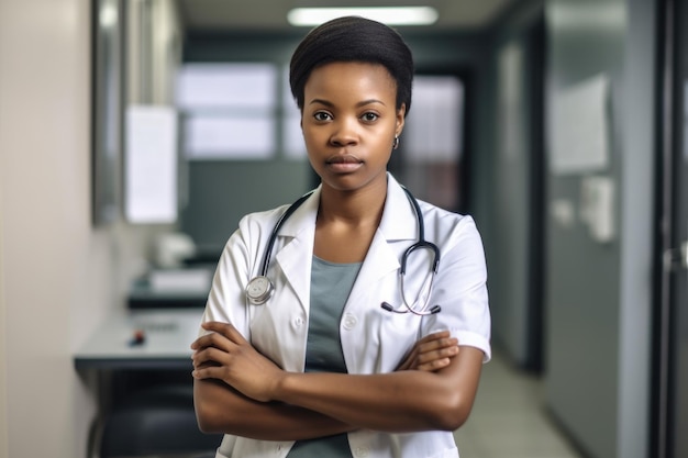 Portrait of a young woman standing with her arms crossed at a clinic created with generative ai