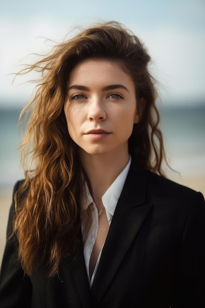 Portrait of a young woman in a suit at the beach