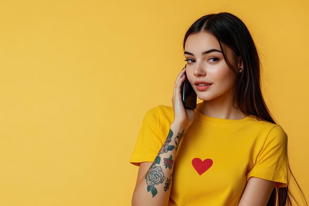 Photo portrait of a young woman talking on mobile phone with heart shape tattoo over her hand