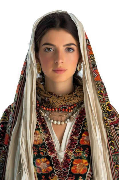 Photo portrait of a young woman in traditional greek folk dress isolated on white