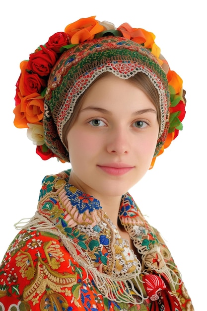 Photo portrait of a young woman in a traditional russian sarafan isolated on white