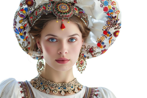 Photo portrait of a young woman in a traditional russian sarafan isolated on white