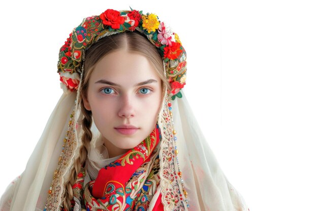 Photo portrait of a young woman in a traditional russian sarafan isolated on white