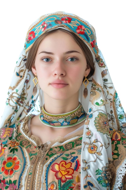 Photo portrait of a young woman in a traditional russian sarafan isolated on white