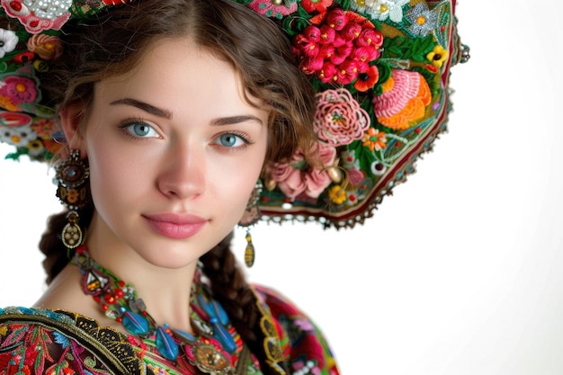 Photo portrait of a young woman in a traditional russian sarafan isolated on white