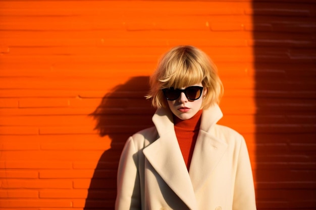 Portrait of young woman wearing sunglasses while standing against orange wall