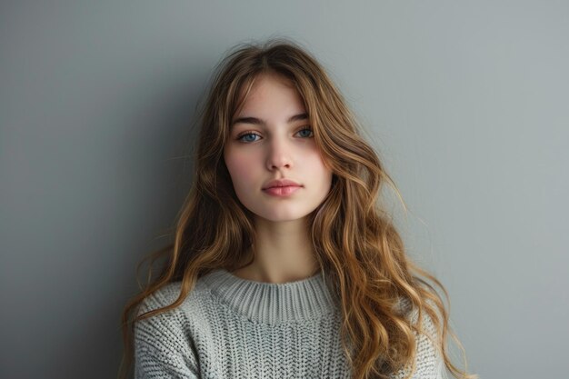 Portrait of young woman wearing sweater while standing against gray background