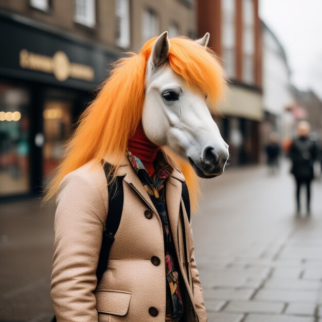 portrait of young woman wearing white wig with orange horse on head in the cityportrait of you