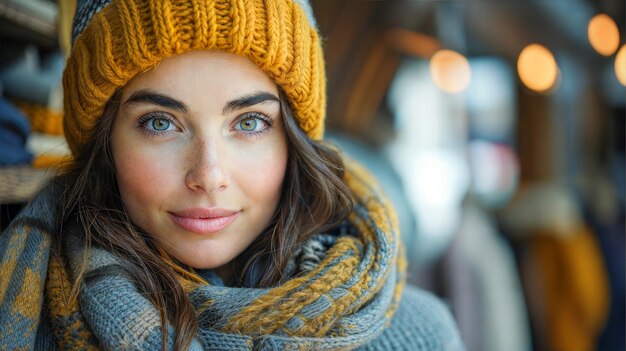 Photo portrait of a young woman wearing a yellow knitted hat and scarf smiling at the camera in an indoor setting