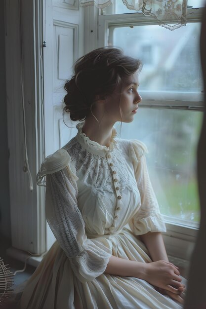 Photo portrait of a young woman in a white dress sitting by the window