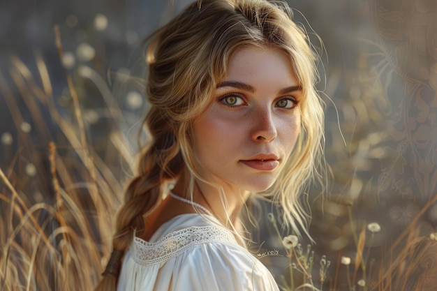 Portrait of young woman with blonde hair wearing white tunic