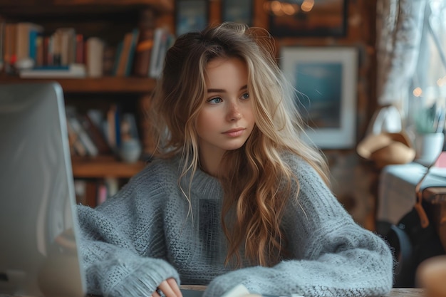 Portrait of a young woman with blonde hair working on a laptop in a cozy home environment