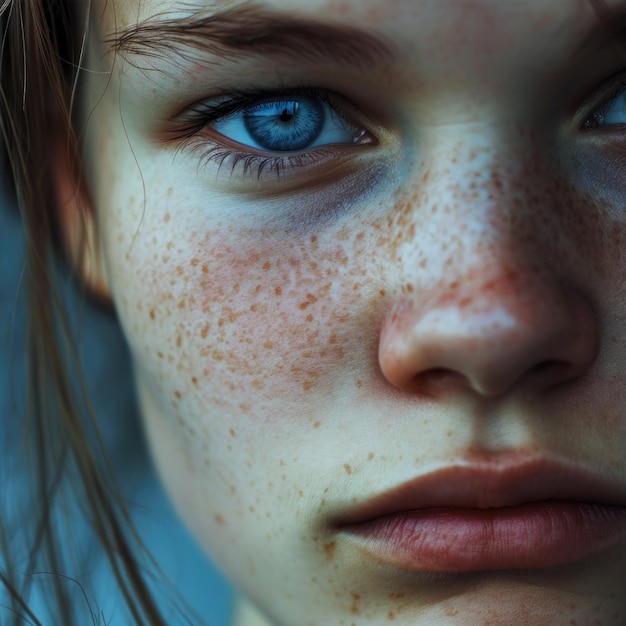 Portrait of a young woman with blue eyes Closeup AI generative